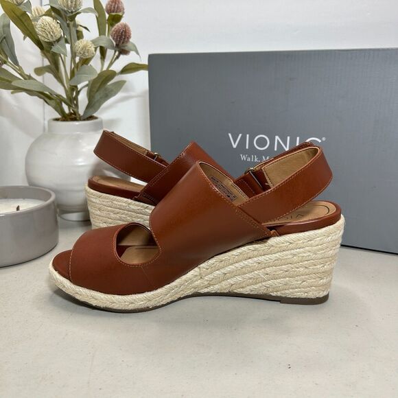 Vionic Tulum Brooke Leather Wedge Espadrille Sandals Cognac Women's US 8 NWB - Picture 9 of 11